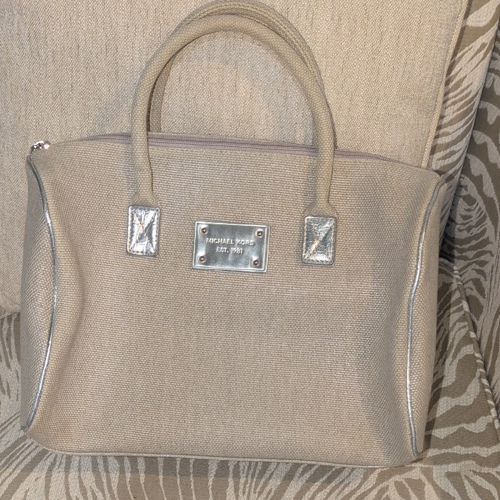 Michael Kors Tan Canvas Satchel with Silver Leather Trim And Details